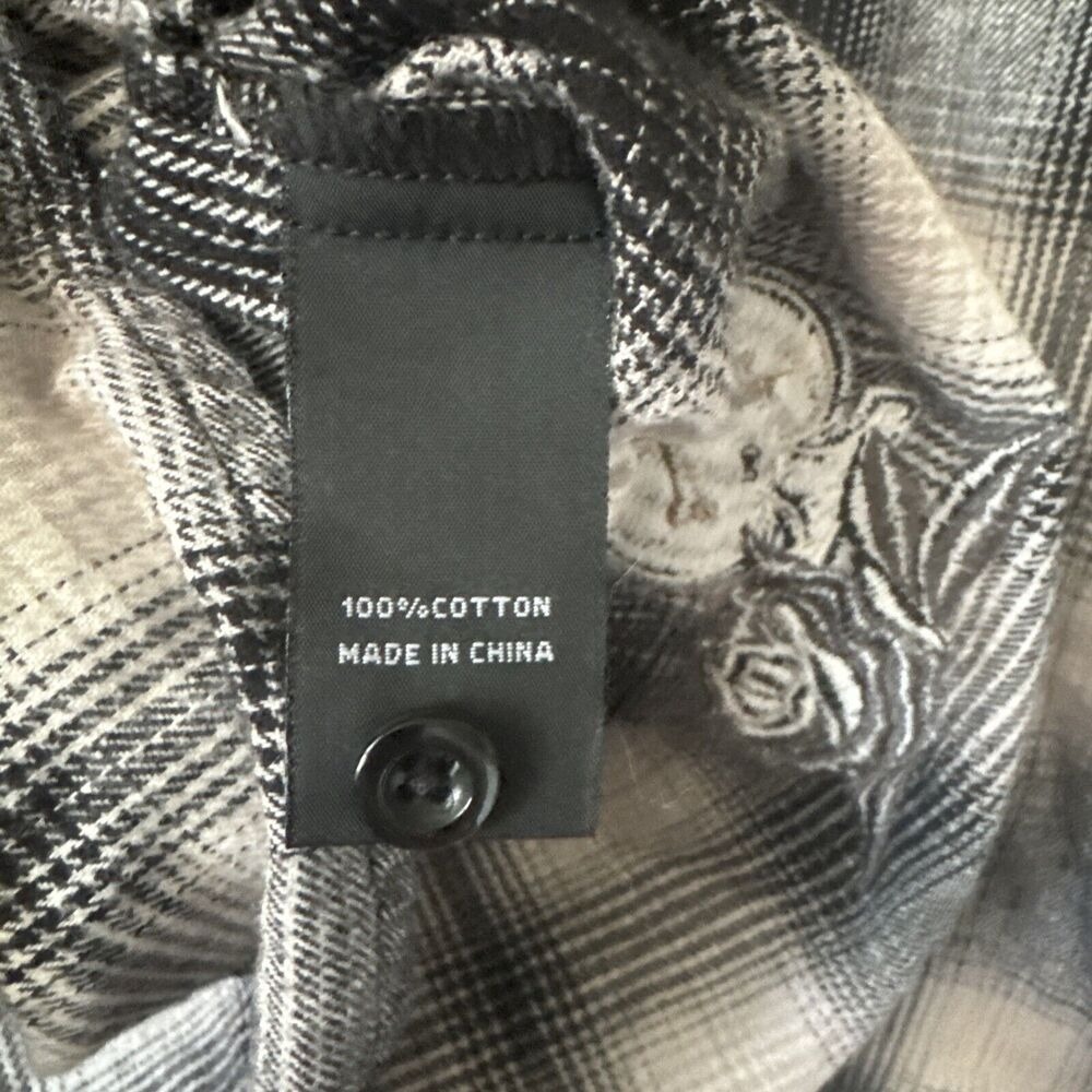 Plaid Flannel Shirt 3XL Embroidered Skull Rose Black White  Long Sleeve Nova Men - Picture 8 of 16